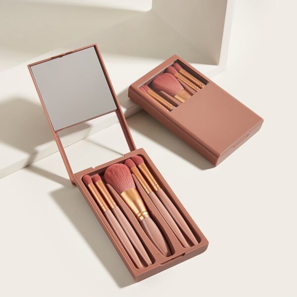 5 PCs Makeup Brushes With Mirror Travel Set - Image 3